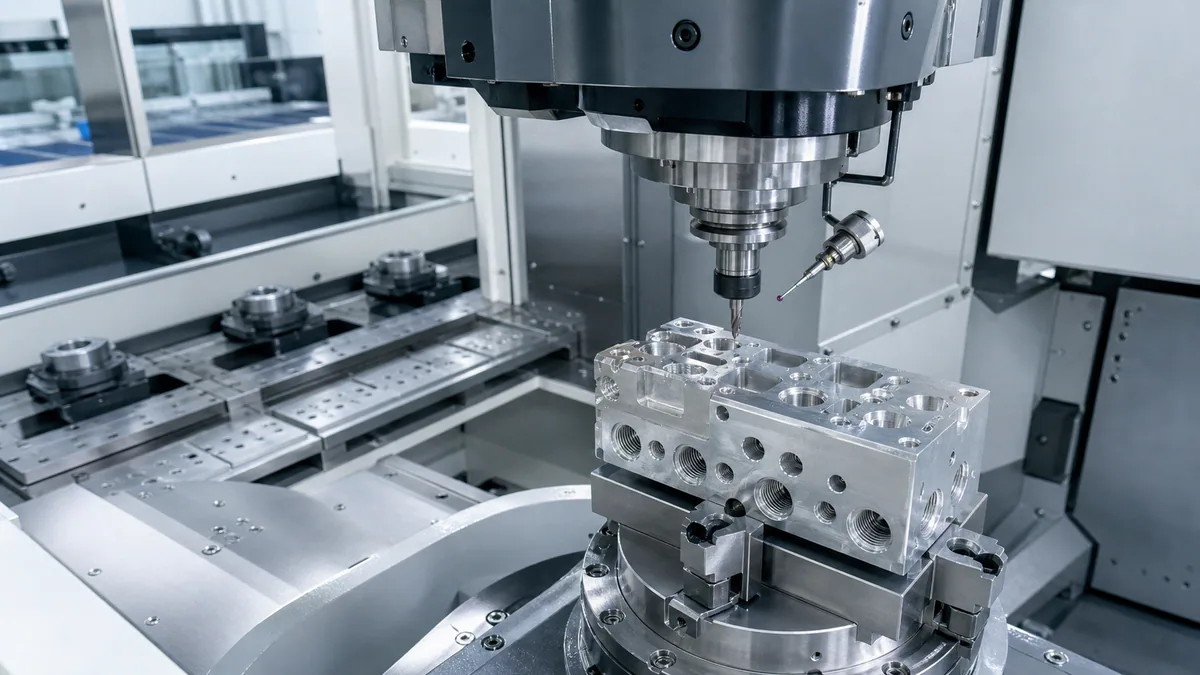 Five-axis CNC machining of a precision metal manifold